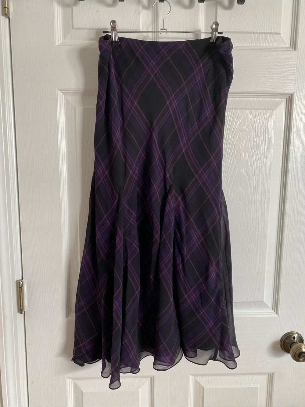 Y2K Lauren Ralph Lauren Silk Plaid Midi Skirt - Purple Black Chiffon - Picture 4 of 5